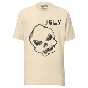 Crude hand-drawn skull with mismatched eye sockets and UGLY text in the upper corner, anti-polish graphic design, Artificial Perdition apparel