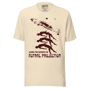 Three figures rising from a reclining body toward a spiral galaxy with Learn the Secrets of Astral Projection text, retro occult advertisement style, Artificial Perdition apparel