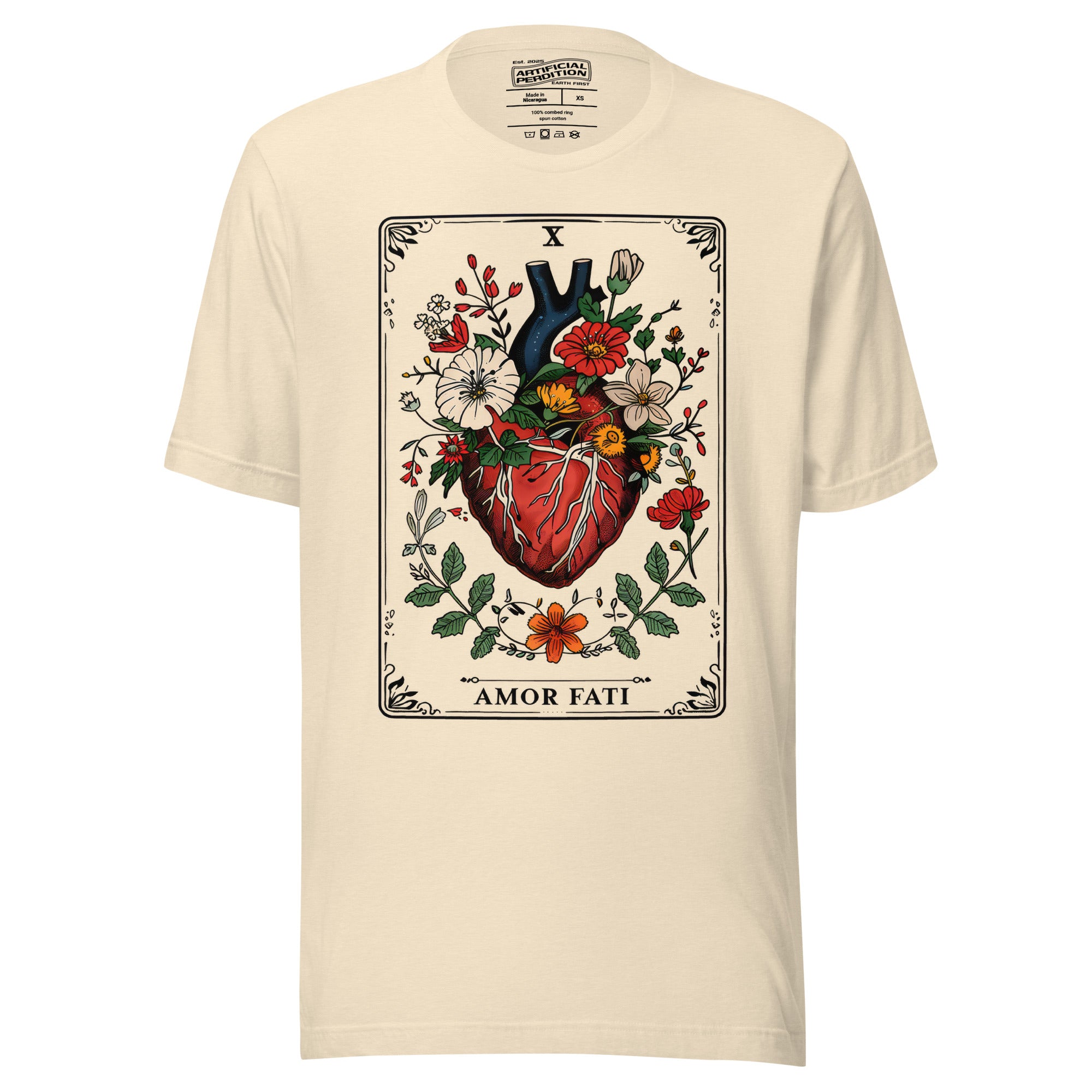 Tarot card illustration numbered X with an anatomical heart in bloom surrounded by wildflowers and vines, Amor Fati, Artificial Perdition apparel