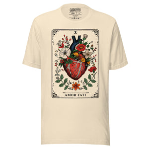 Tarot card illustration numbered X with an anatomical heart in bloom surrounded by wildflowers and vines, Amor Fati, Artificial Perdition apparel