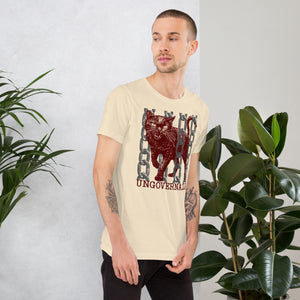 Snarling cat breaking through chains with UNGOVERNABLE text, dithered halftone red on cream, Artificial Perdition apparel