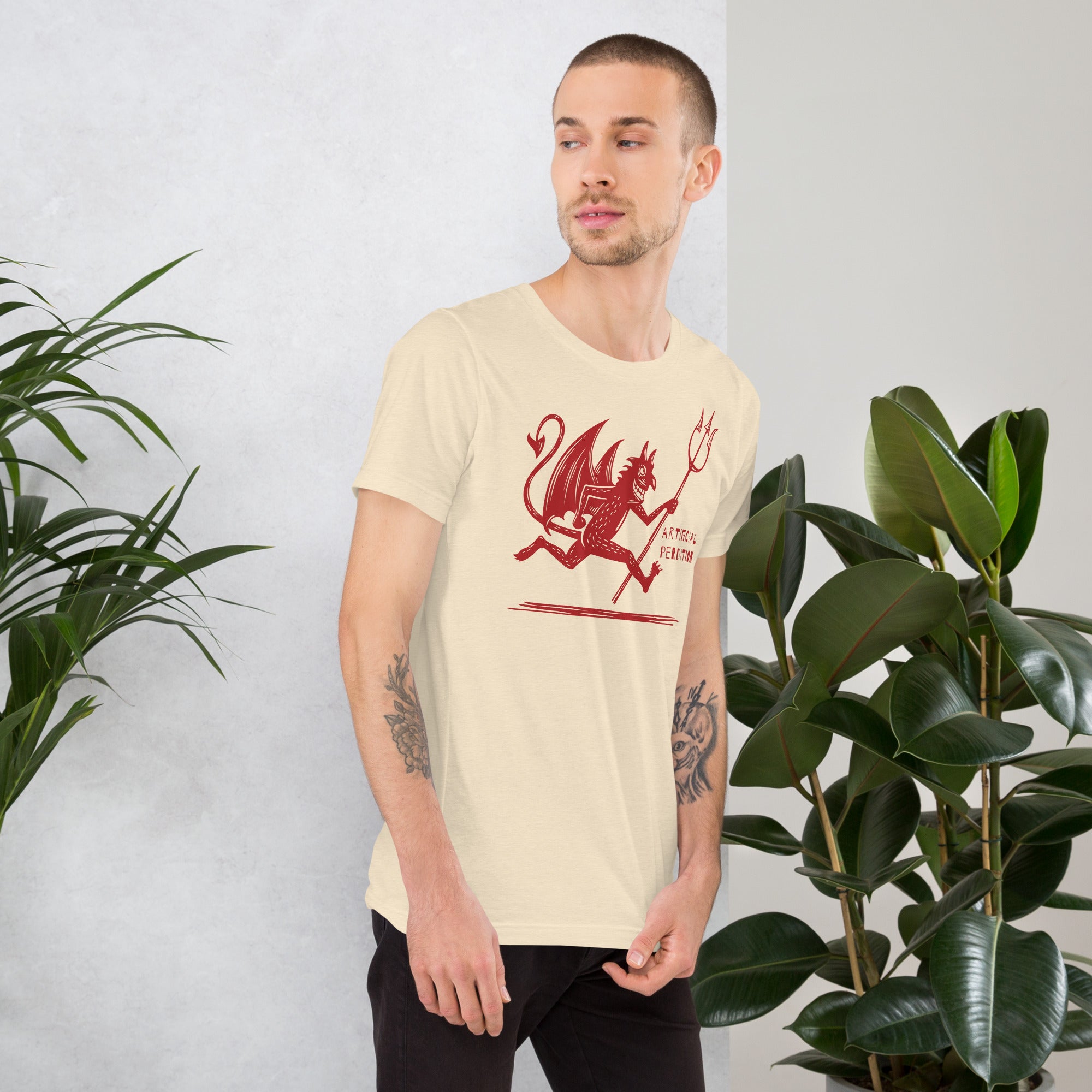 Artificial Perdition devil mascot, red illustrated devil mid-stride with trident and brand name, hand-drawn style on black, official logo tee