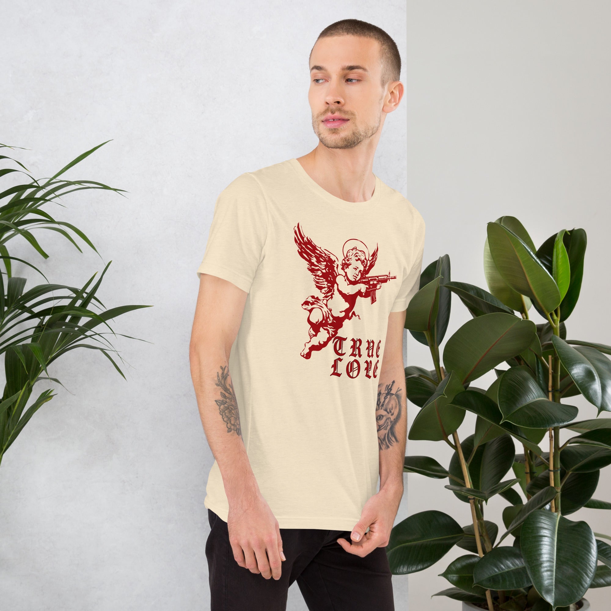 Red cherub angel with halo aiming rifle above blackletter True Love text, dark ironic tattoo flash style, Artificial Perdition apparel