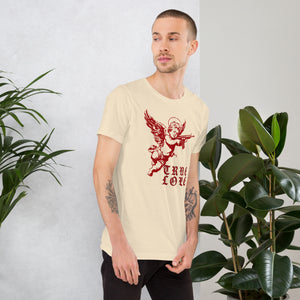 Red cherub angel with halo aiming rifle above blackletter True Love text, dark ironic tattoo flash style, Artificial Perdition apparel