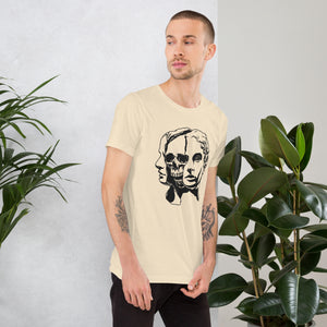 Split face illustration, half classical sculpture bust and half skull, black and white high contrast, Dead Inside, Artificial Perdition apparel