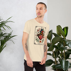 Tarot card illustration numbered X with an anatomical heart in bloom surrounded by wildflowers and vines, Amor Fati, Artificial Perdition apparel