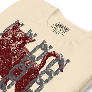 Snarling cat breaking through chains with UNGOVERNABLE text, dithered halftone red on cream, Artificial Perdition apparel