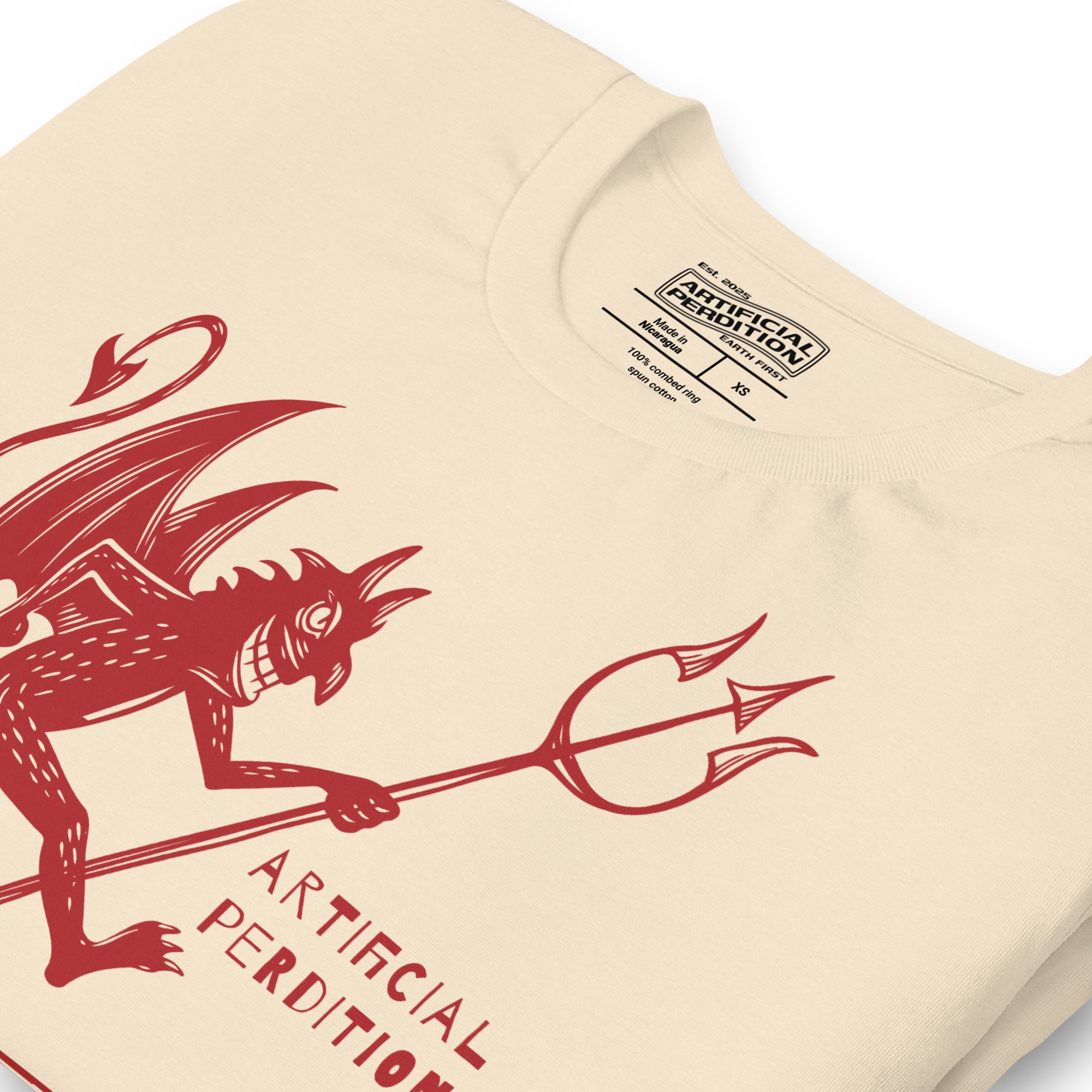 Artificial Perdition devil mascot, red illustrated devil mid-stride with trident and brand name, hand-drawn style on black, official logo tee