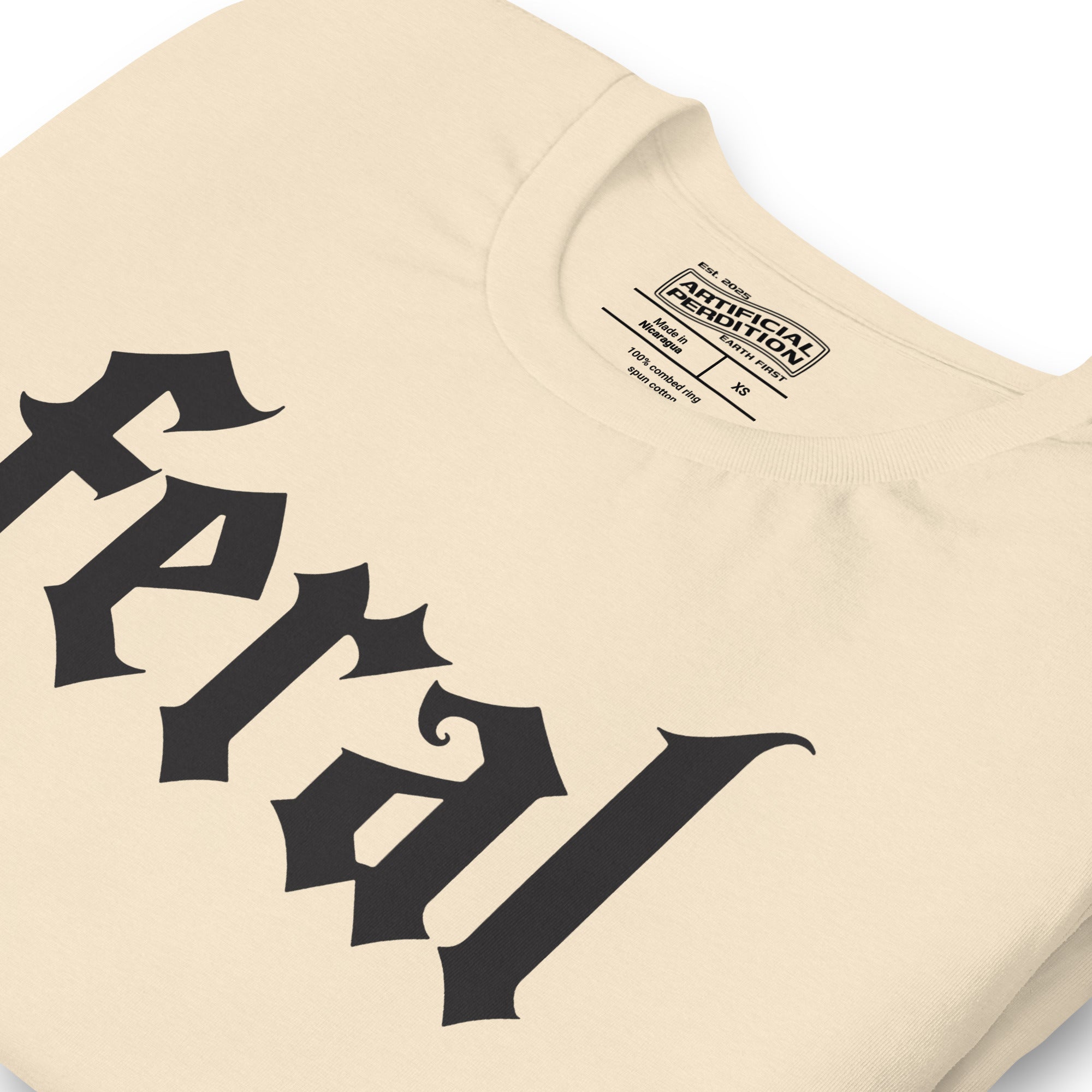 Product mockupFeral in white blackletter font on dark heather grey t-shirt, bold single word graphic design, Artificial Perdition apparel