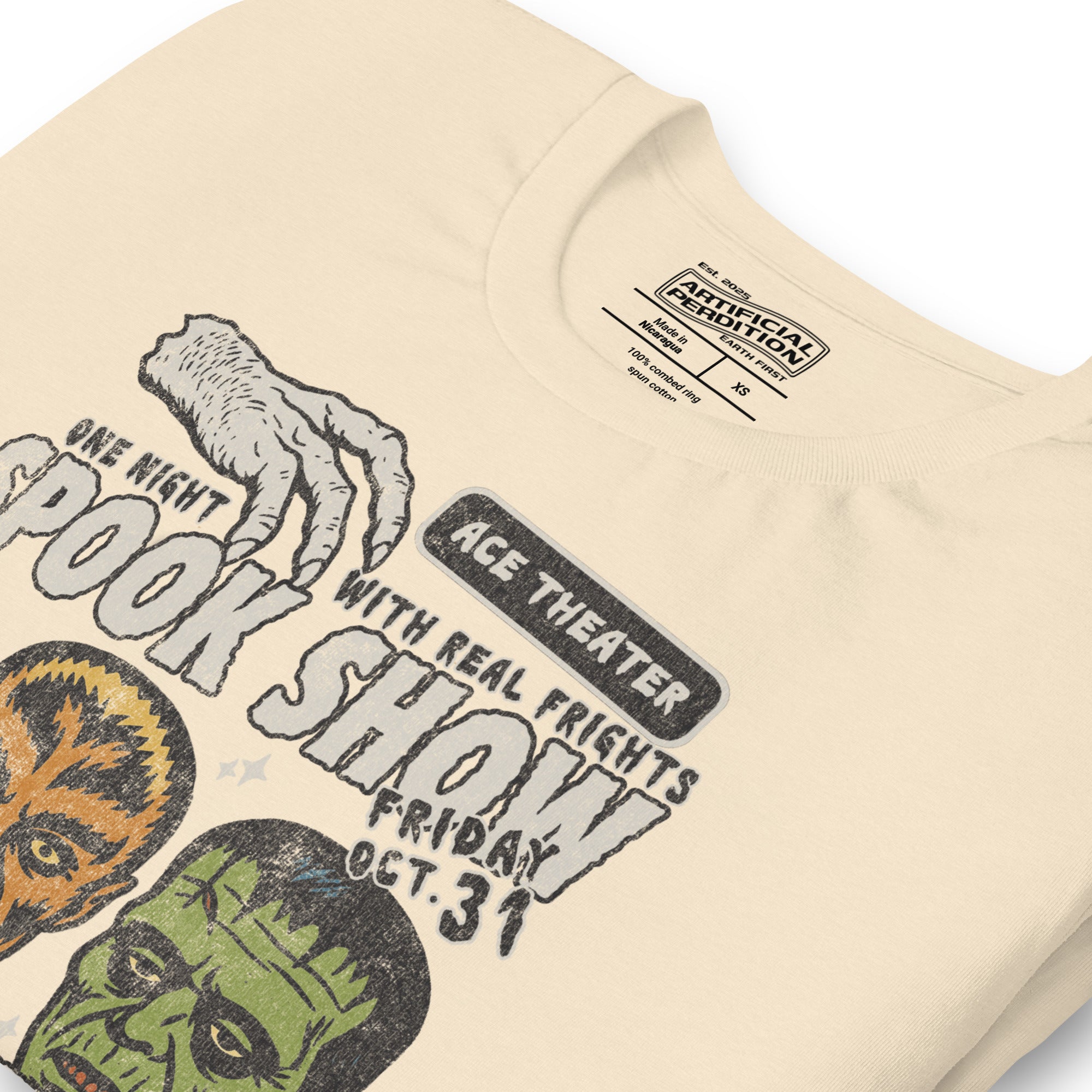 Vintage spook show poster front print with three classic monster faces, Ace Theater and Monster Mania text, distressed style on black, Artificial Perdition apparel