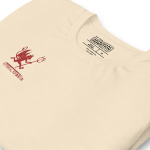 Artificial Perdition devil mascot, red illustrated devil mid-stride with trident and brand name, hand-drawn style on black, official logo tee