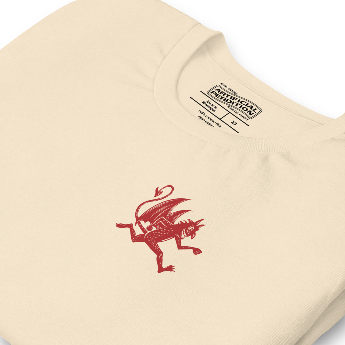 Artificial Perdition devil mascot, red illustrated devil mid-stride with trident and brand name, hand-drawn style on black, official logo tee
