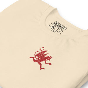 Artificial Perdition devil mascot, red illustrated devil mid-stride with trident and brand name, hand-drawn style on black, official logo tee