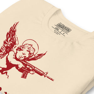 Red cherub angel with halo aiming rifle above blackletter True Love text, dark ironic tattoo flash style, Artificial Perdition apparel