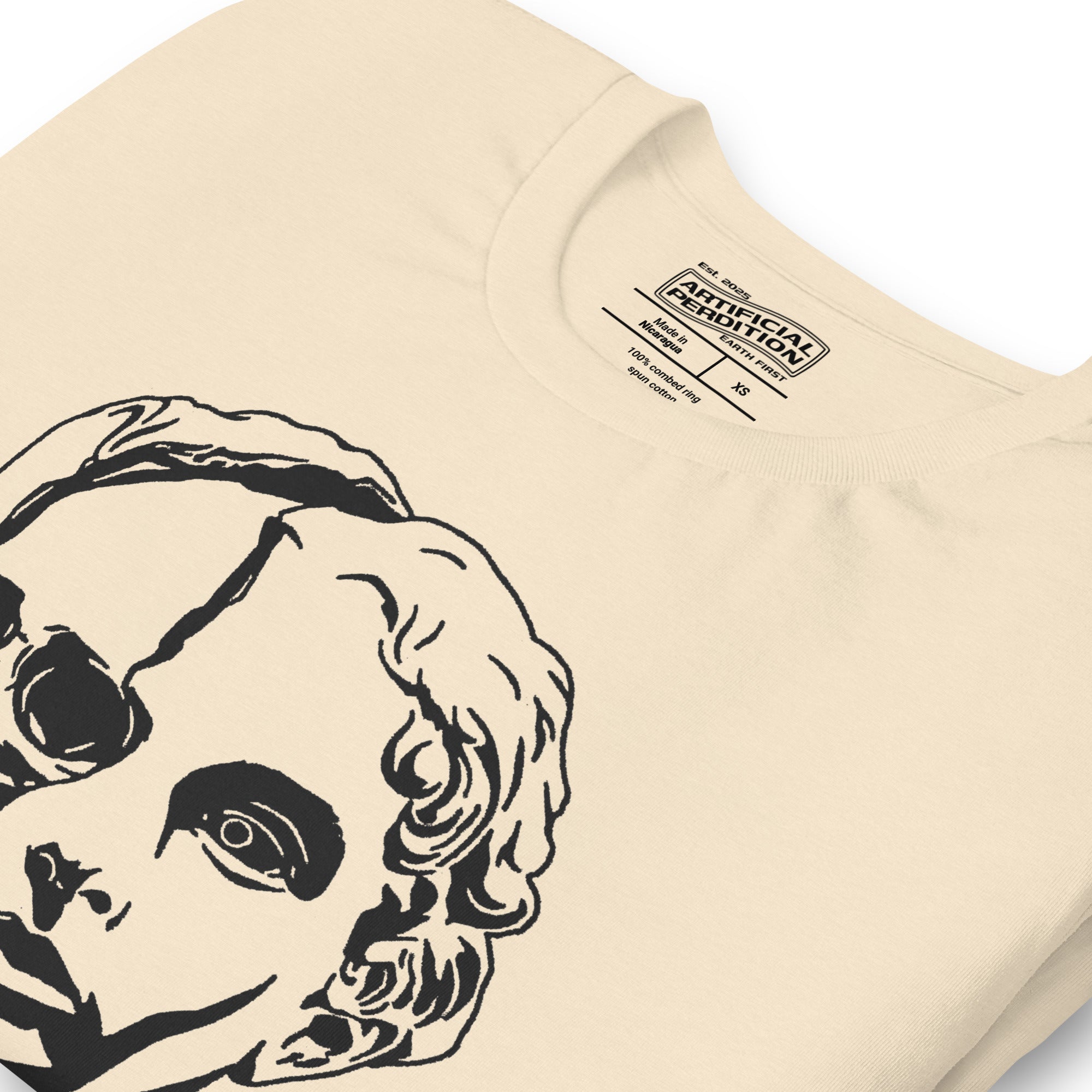Split face illustration, half classical sculpture bust and half skull, black and white high contrast, Dead Inside, Artificial Perdition apparel