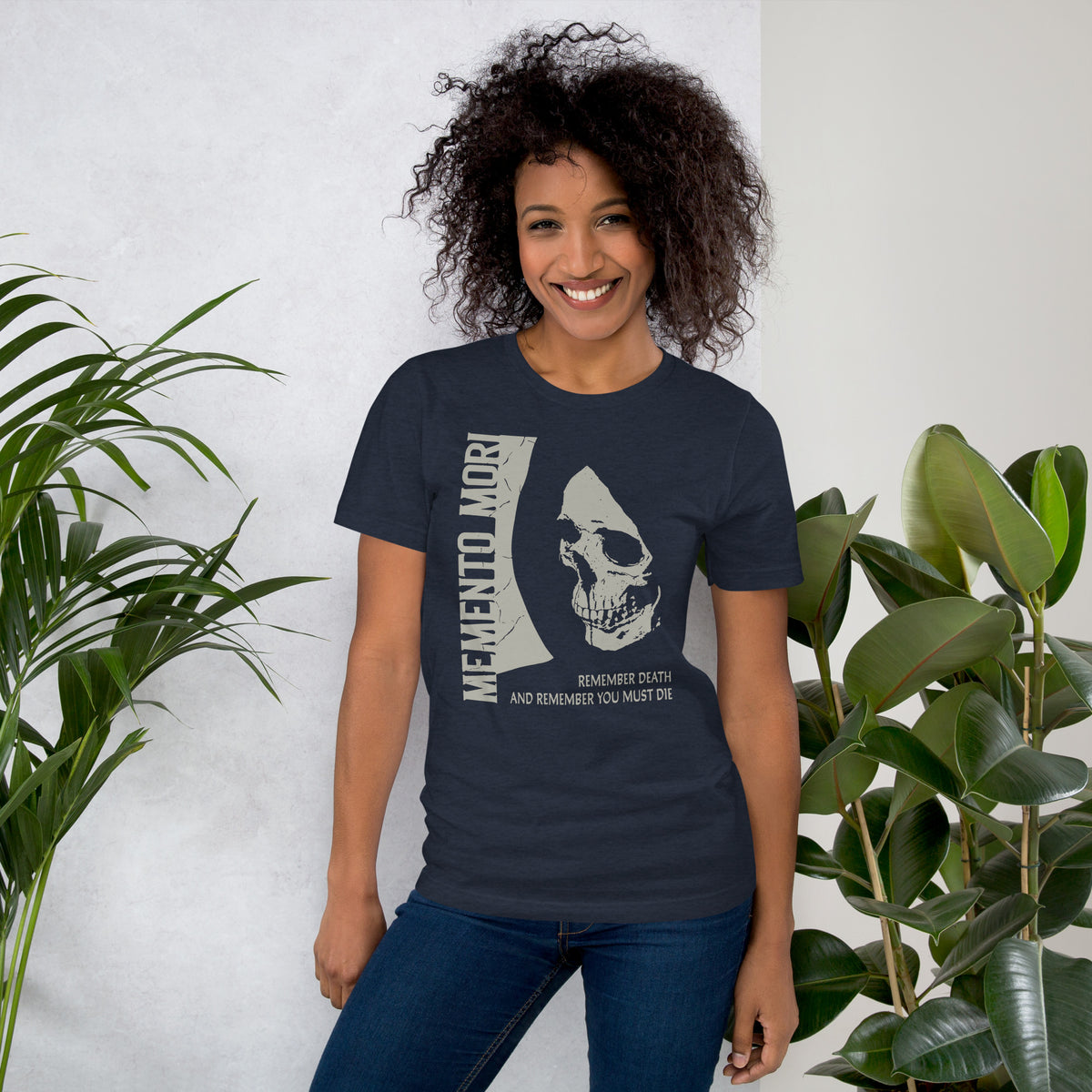 Cracked skull illustration in tombstone grey with vertical Memento Mori text and Remember Death translation, Artificial Perdition apparel