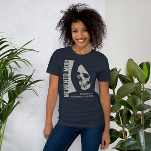 Cracked skull illustration in tombstone grey with vertical Memento Mori text and Remember Death translation, Artificial Perdition apparel