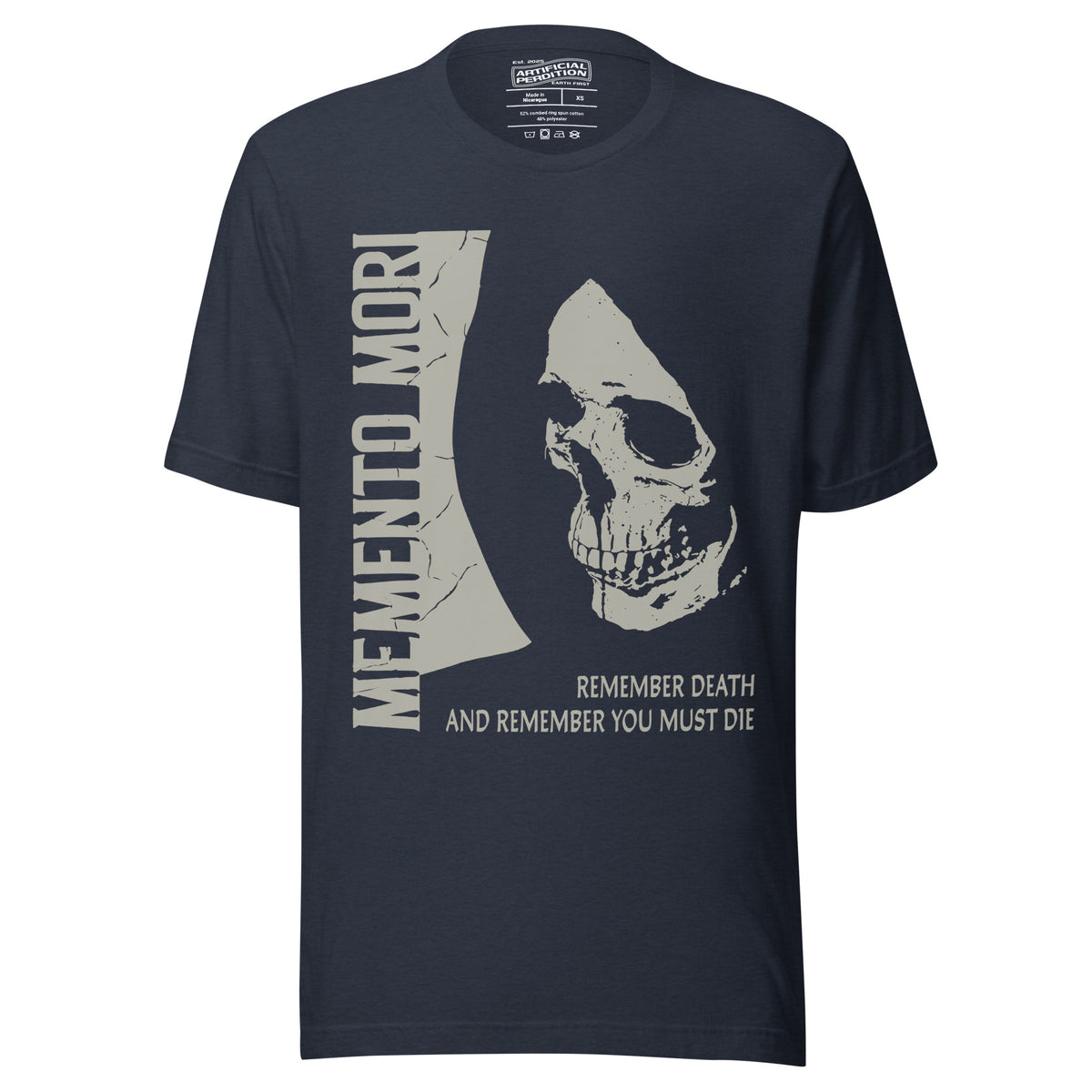 Cracked skull illustration in tombstone grey with vertical Memento Mori text and Remember Death translation, Artificial Perdition apparel