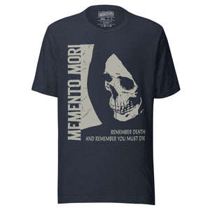 Cracked skull illustration in tombstone grey with vertical Memento Mori text and Remember Death translation, Artificial Perdition apparel
