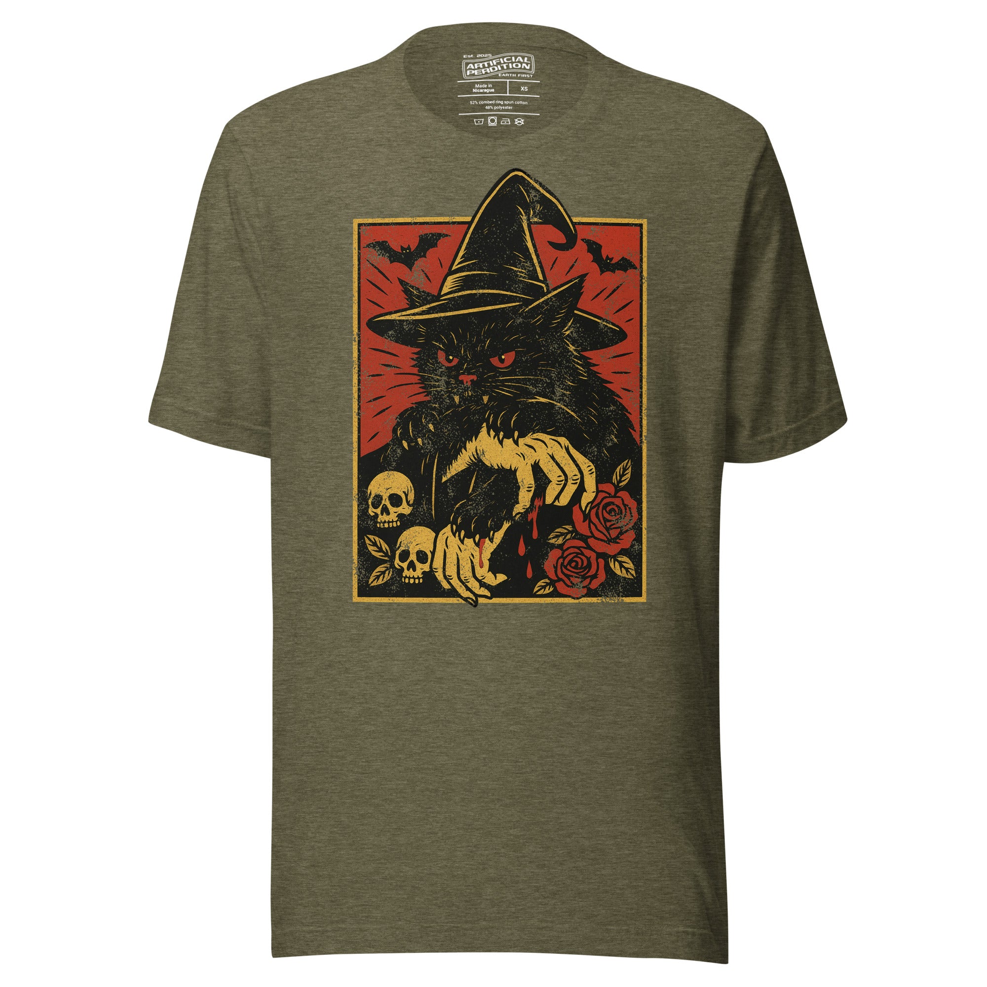 Black cat in witch hat with vampire fangs and skeletal dripping claws, skulls and roses flanking, bats in red sky, horror tattoo flash style, Artificial Perdition