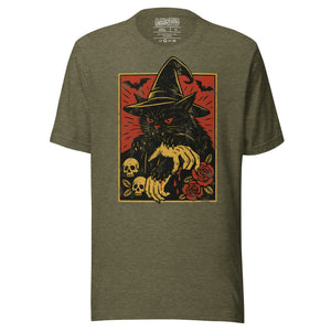 Black cat in witch hat with vampire fangs and skeletal dripping claws, skulls and roses flanking, bats in red sky, horror tattoo flash style, Artificial Perdition