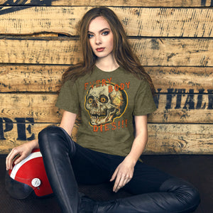 Die-cut skull with amber eyes and dripping orange horror font reading EVERY BODY DIES, vintage pulp style, Artificial Perdition apparel