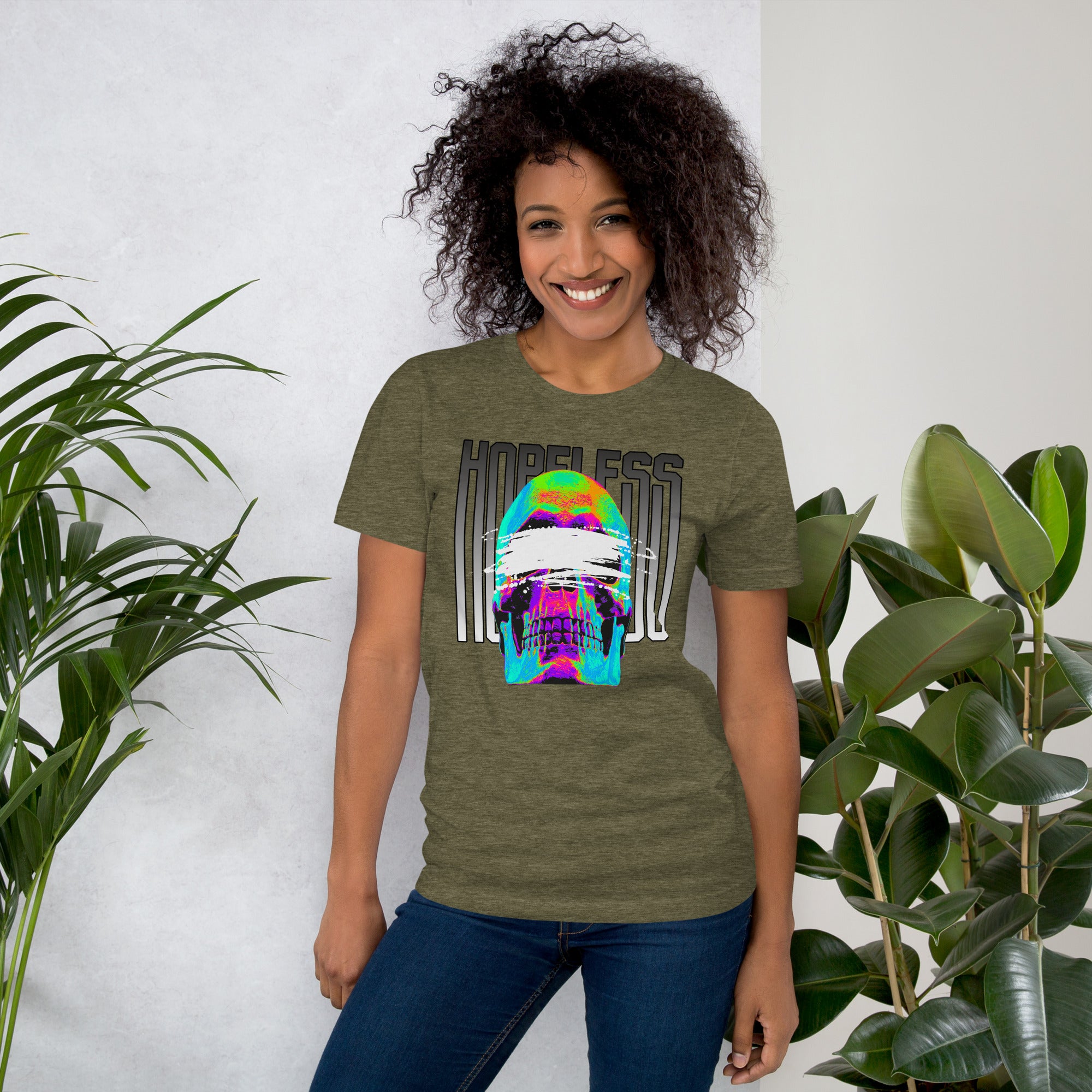Blindfolded skull in thermal heat-map colors with bold chrome HOPELESS text, psychological horror design, Artificial Perdition apparel