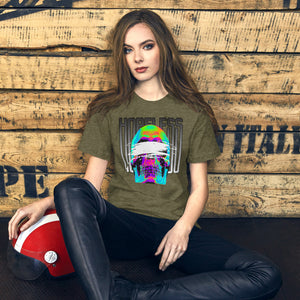Blindfolded skull in thermal heat-map colors with bold chrome HOPELESS text, psychological horror design, Artificial Perdition apparel