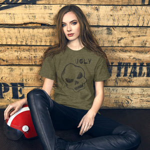 Crude hand-drawn skull with mismatched eye sockets and UGLY text in the upper corner, anti-polish graphic design, Artificial Perdition apparel