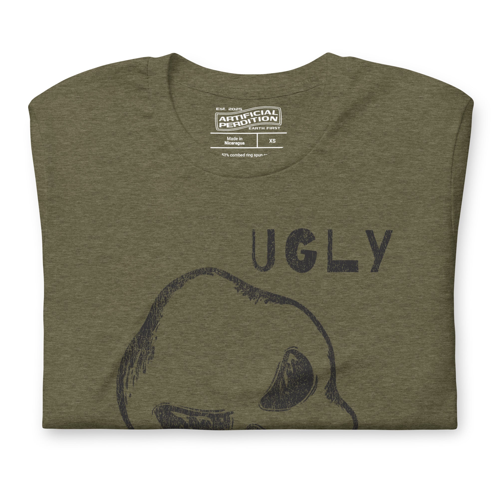 Crude hand-drawn skull with mismatched eye sockets and UGLY text in the upper corner, anti-polish graphic design, Artificial Perdition apparel
