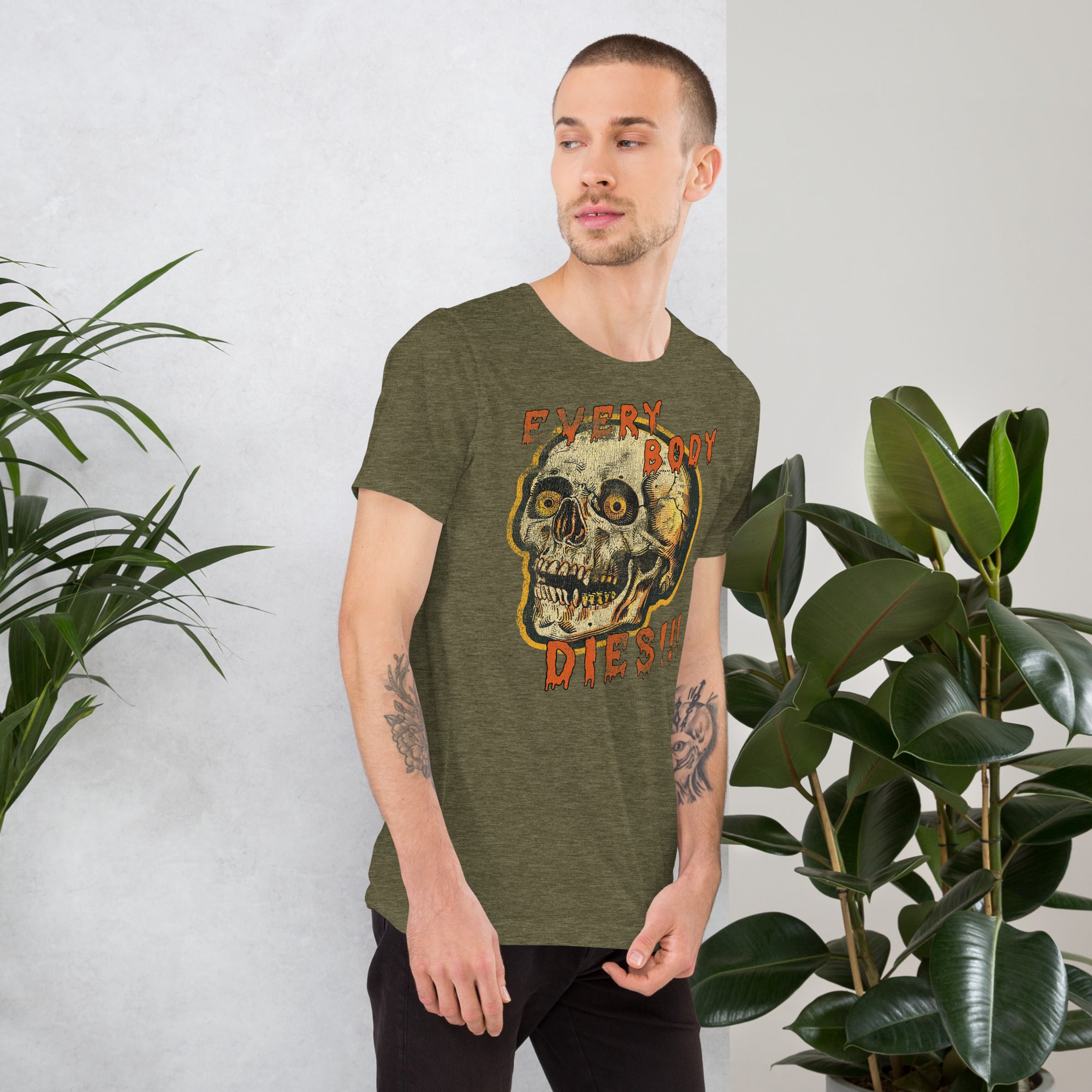 Die-cut skull with amber eyes and dripping orange horror font reading EVERY BODY DIES, vintage pulp style, Artificial Perdition apparel