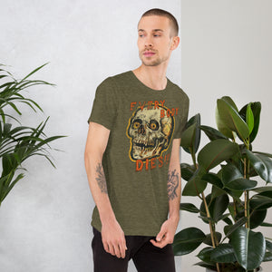 Die-cut skull with amber eyes and dripping orange horror font reading EVERY BODY DIES, vintage pulp style, Artificial Perdition apparel