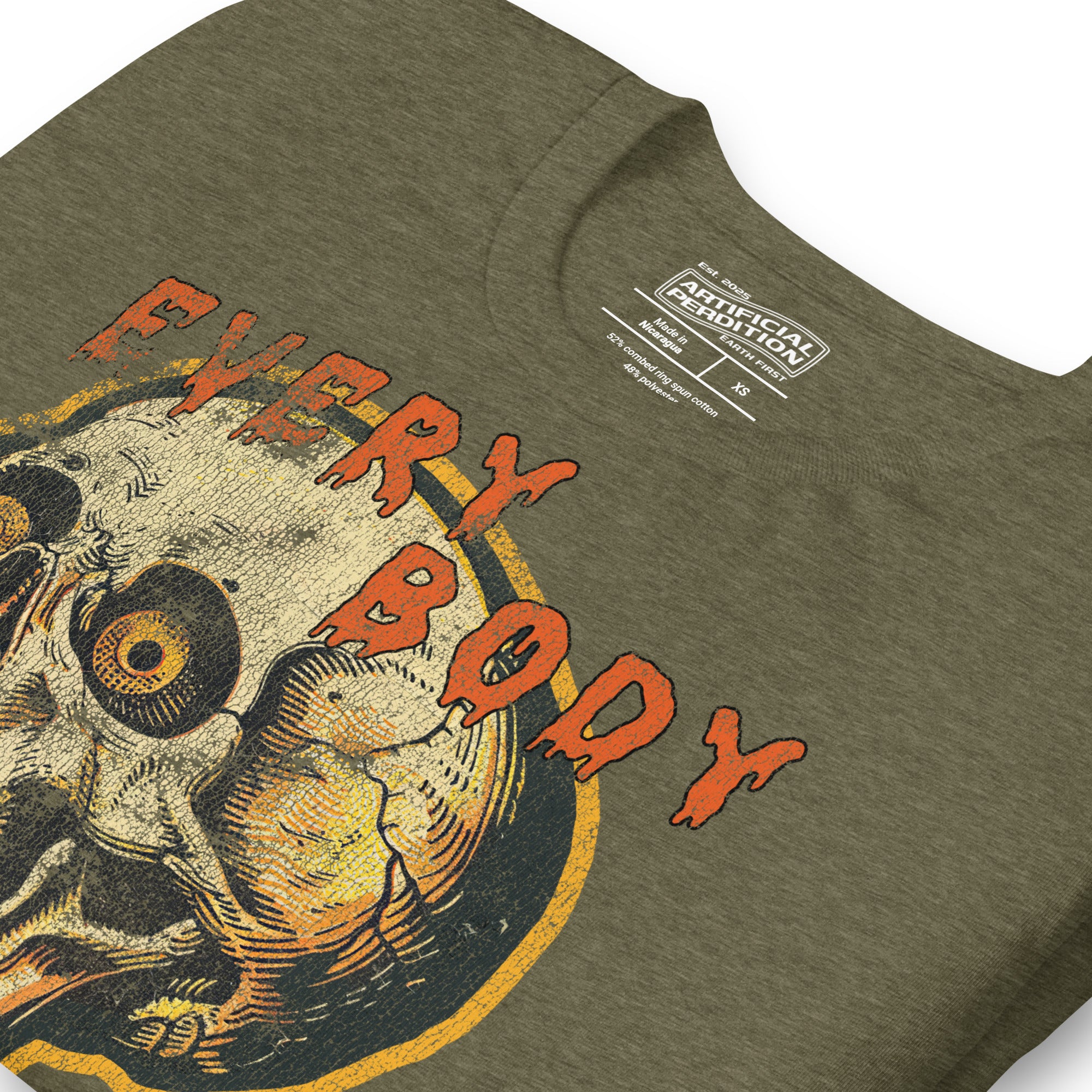 Die-cut skull with amber eyes and dripping orange horror font reading EVERY BODY DIES, vintage pulp style, Artificial Perdition apparel