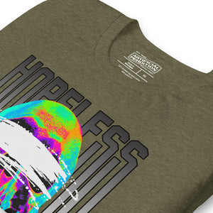 Blindfolded skull in thermal heat-map colors with bold chrome HOPELESS text, psychological horror design, Artificial Perdition apparel