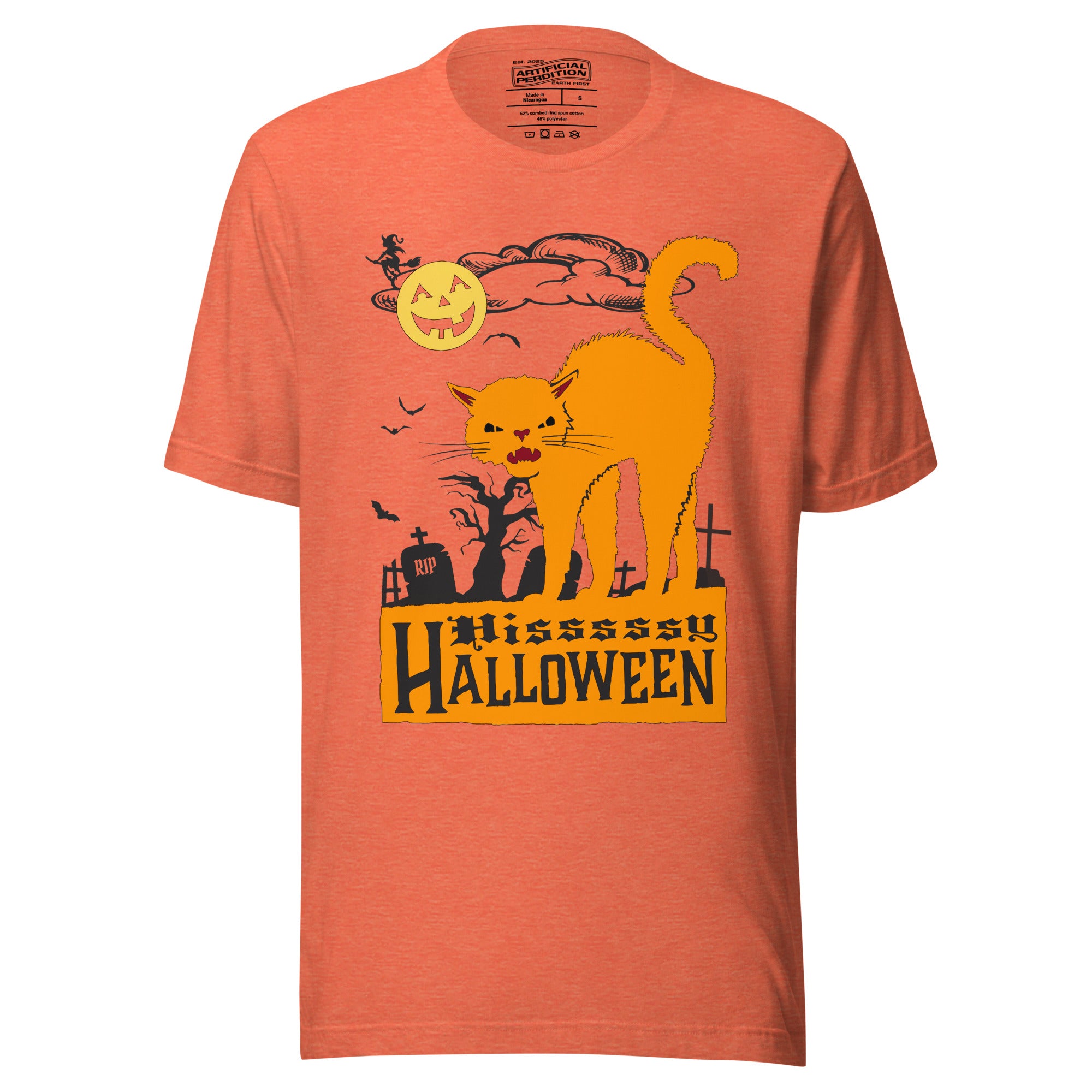Orange arched Halloween cat hissing in graveyard scene with jack-o-lantern moon and bats, vintage poster style, Hissy Halloween, Artificial Perdition apparel