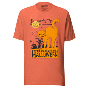 Orange arched Halloween cat hissing in graveyard scene with jack-o-lantern moon and bats, vintage poster style, Hissy Halloween, Artificial Perdition apparel