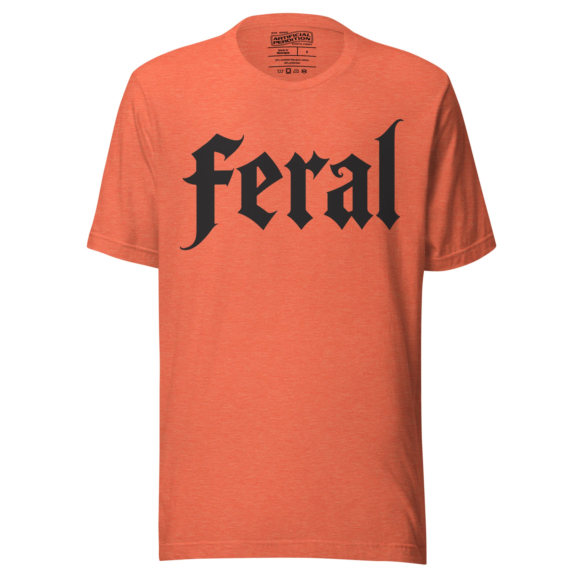 Feral in white blackletter font on dark heather grey t-shirt, bold single word graphic design, Artificial Perdition apparel