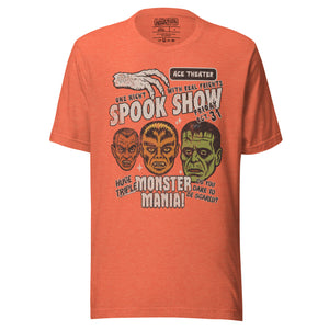 Vintage spook show poster front print with three classic monster faces, Ace Theater and Monster Mania text, distressed style on black, Artificial Perdition apparel