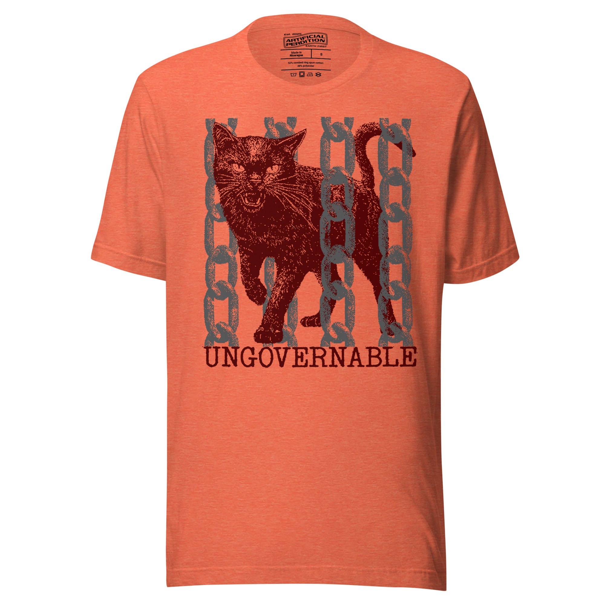 Product mockupSnarling cat breaking through chains with UNGOVERNABLE text, dithered halftone red on cream, Artificial Perdition apparel