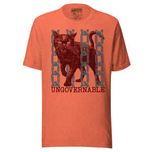 Product mockupSnarling cat breaking through chains with UNGOVERNABLE text, dithered halftone red on cream, Artificial Perdition apparel