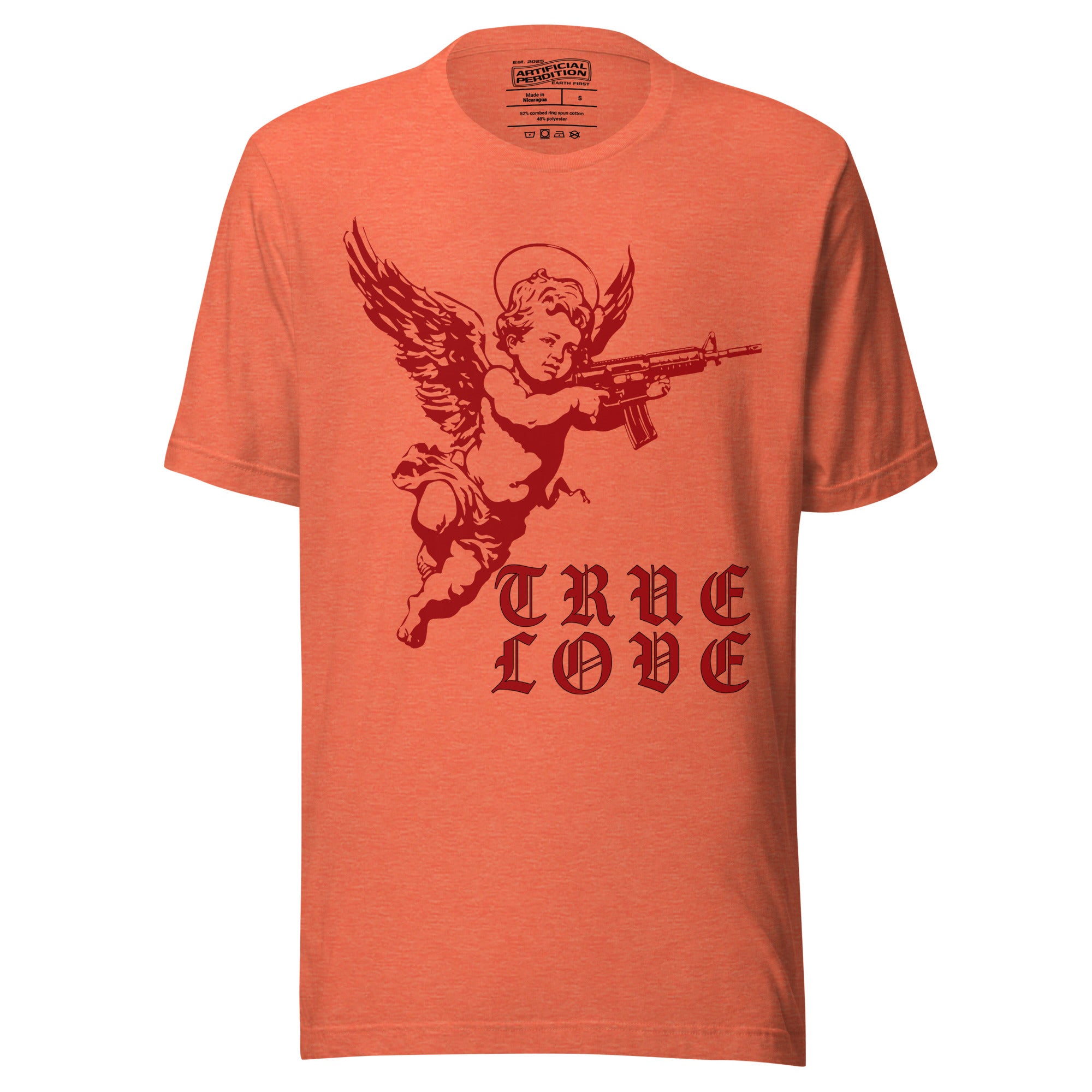 Red cherub angel with halo aiming rifle above blackletter True Love text, dark ironic tattoo flash style, Artificial Perdition apparelProduct mockup