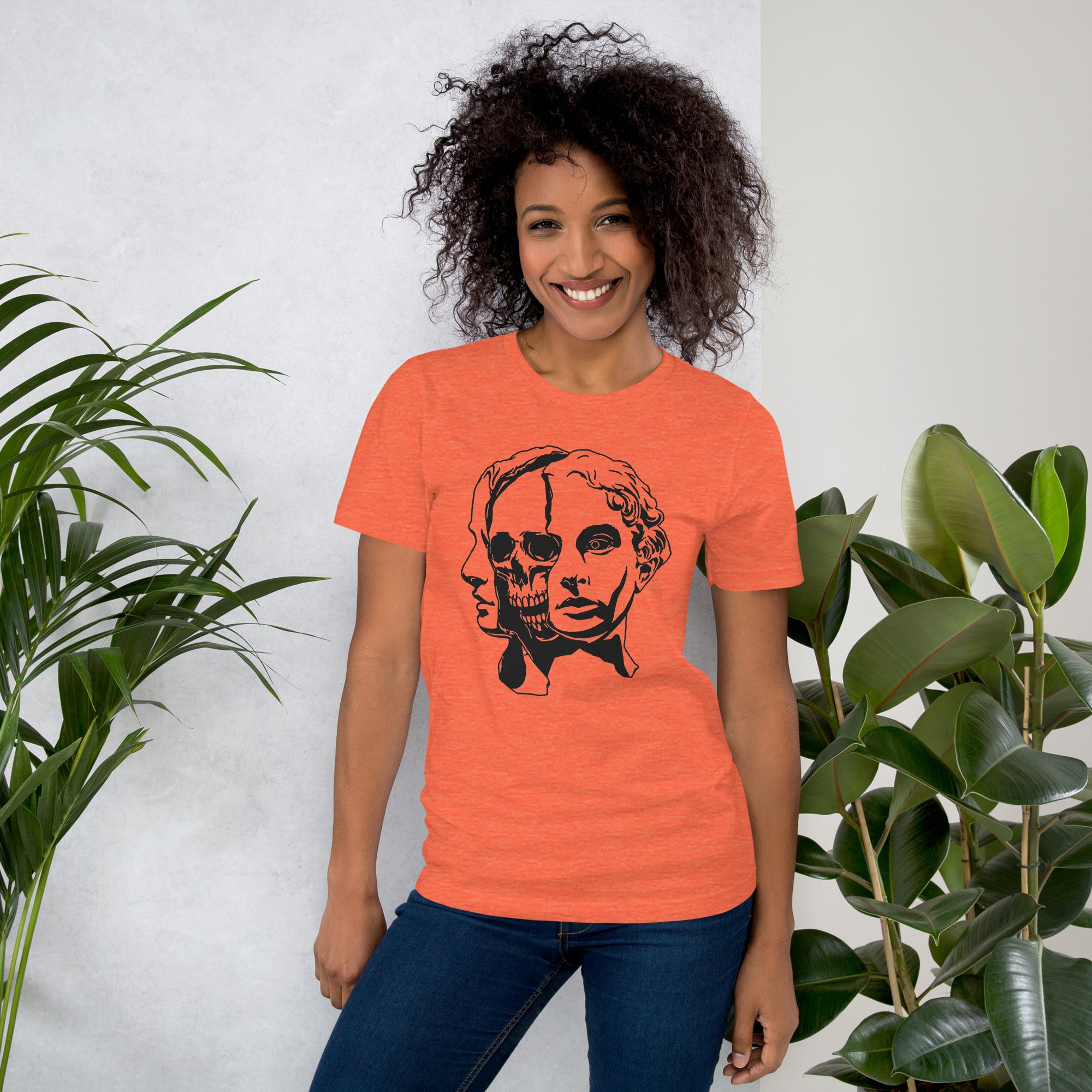 Split face illustration, half classical sculpture bust and half skull, black and white high contrast, Dead Inside, Artificial Perdition apparel