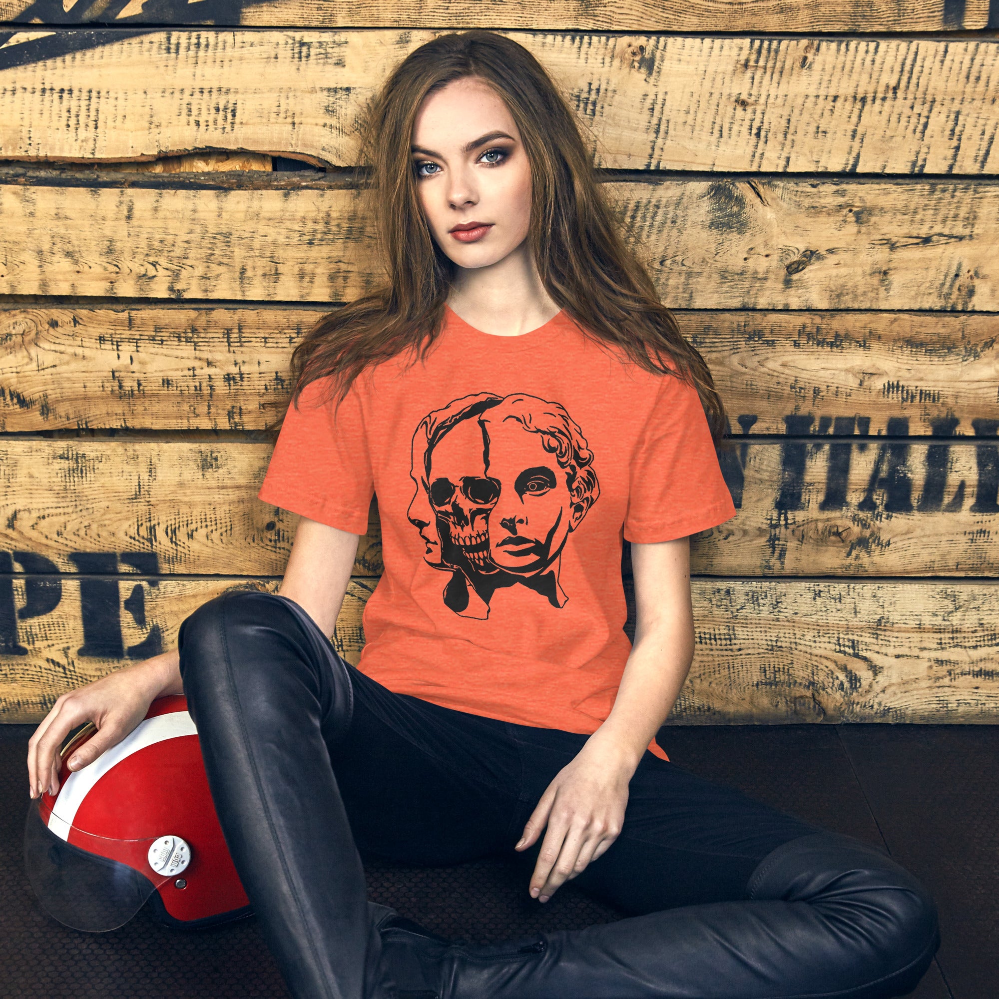 Split face illustration, half classical sculpture bust and half skull, black and white high contrast, Dead Inside, Artificial Perdition apparel