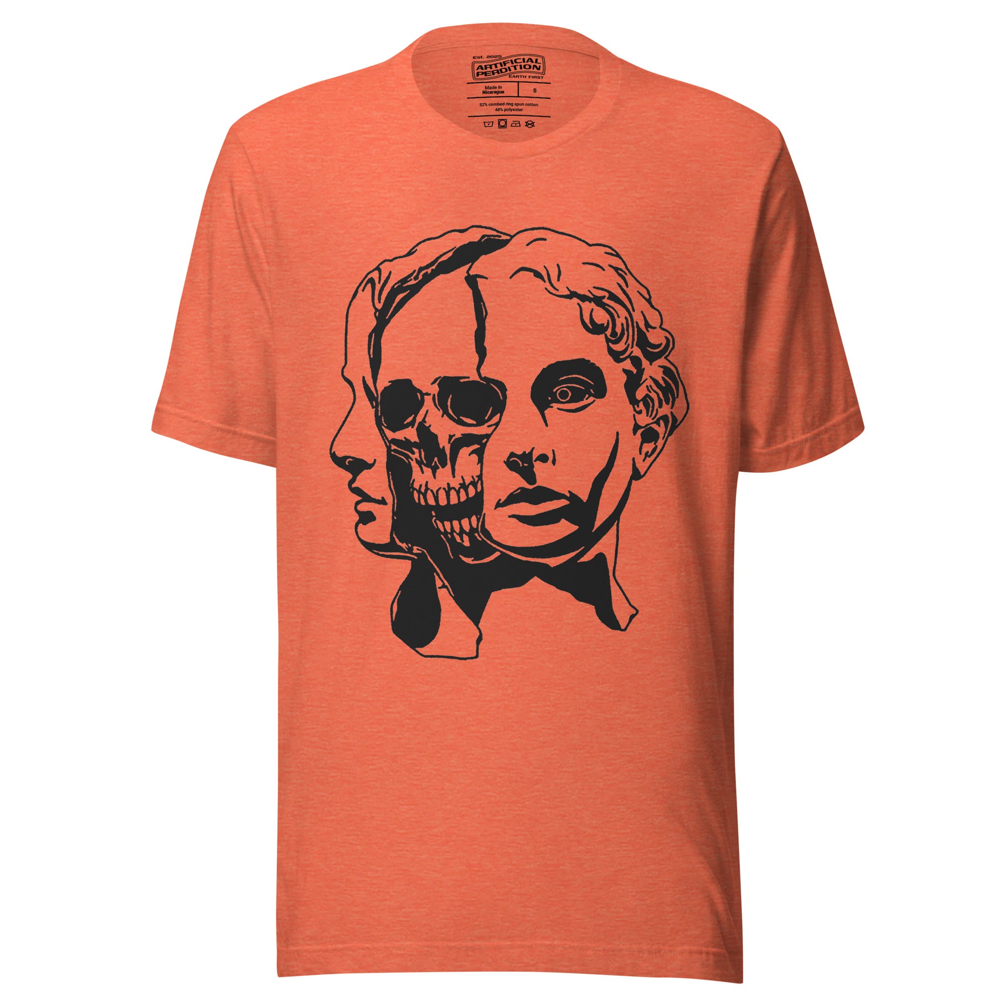 Split face illustration, half classical sculpture bust and half skull, black and white high contrast, Dead Inside, Artificial Perdition apparel