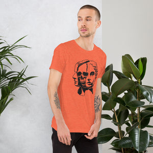 Split face illustration, half classical sculpture bust and half skull, black and white high contrast, Dead Inside, Artificial Perdition apparel