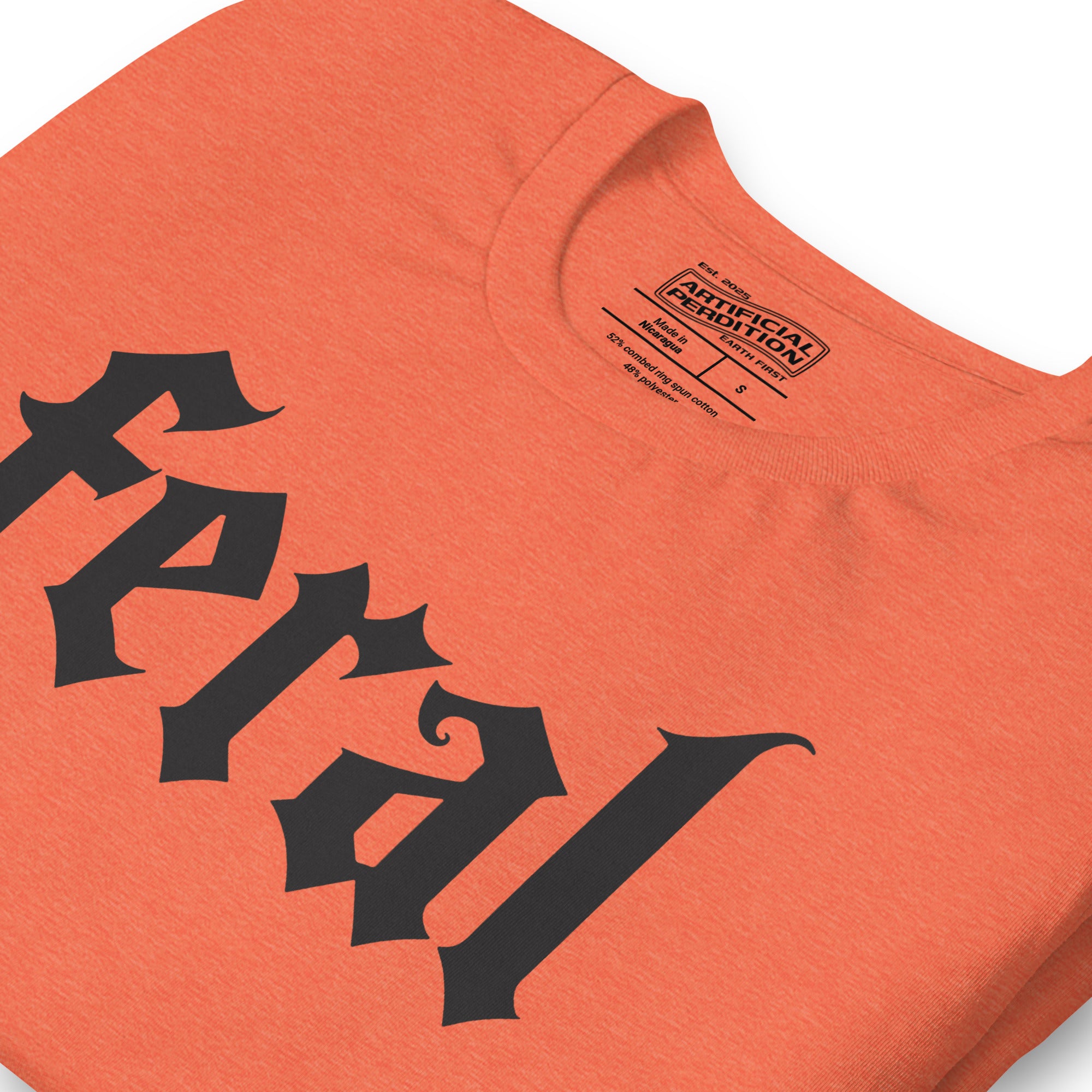 Feral in white blackletter font on dark heather grey t-shirt, bold single word graphic design, Artificial Perdition apparel