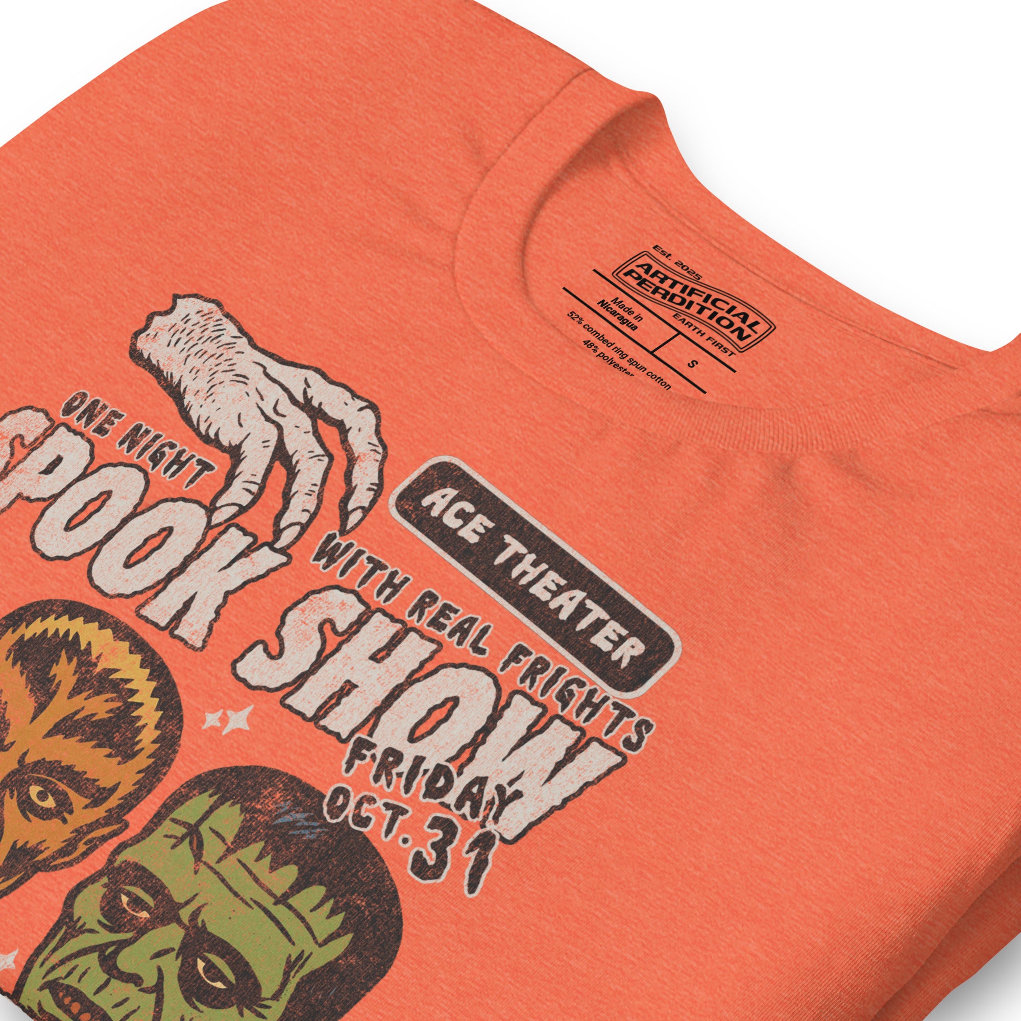Vintage spook show poster front print with three classic monster faces, Ace Theater and Monster Mania text, distressed style on black, Artificial Perdition apparel