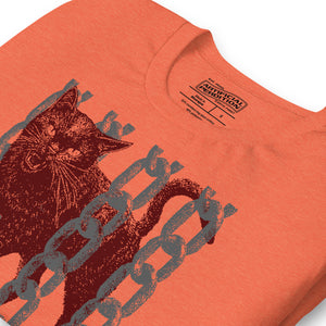 Product mockupSnarling cat breaking through chains with UNGOVERNABLE text, dithered halftone red on cream, Artificial Perdition apparel
