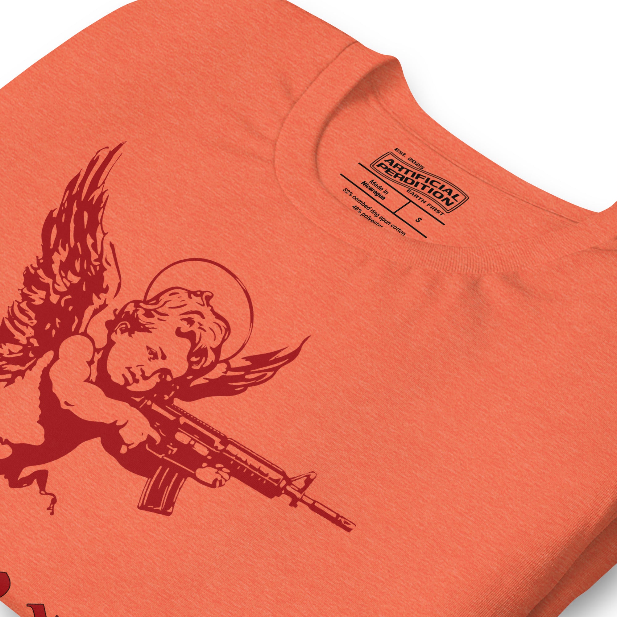 Product mockupRed cherub angel with halo aiming rifle above blackletter True Love text, dark ironic tattoo flash style, Artificial Perdition apparel