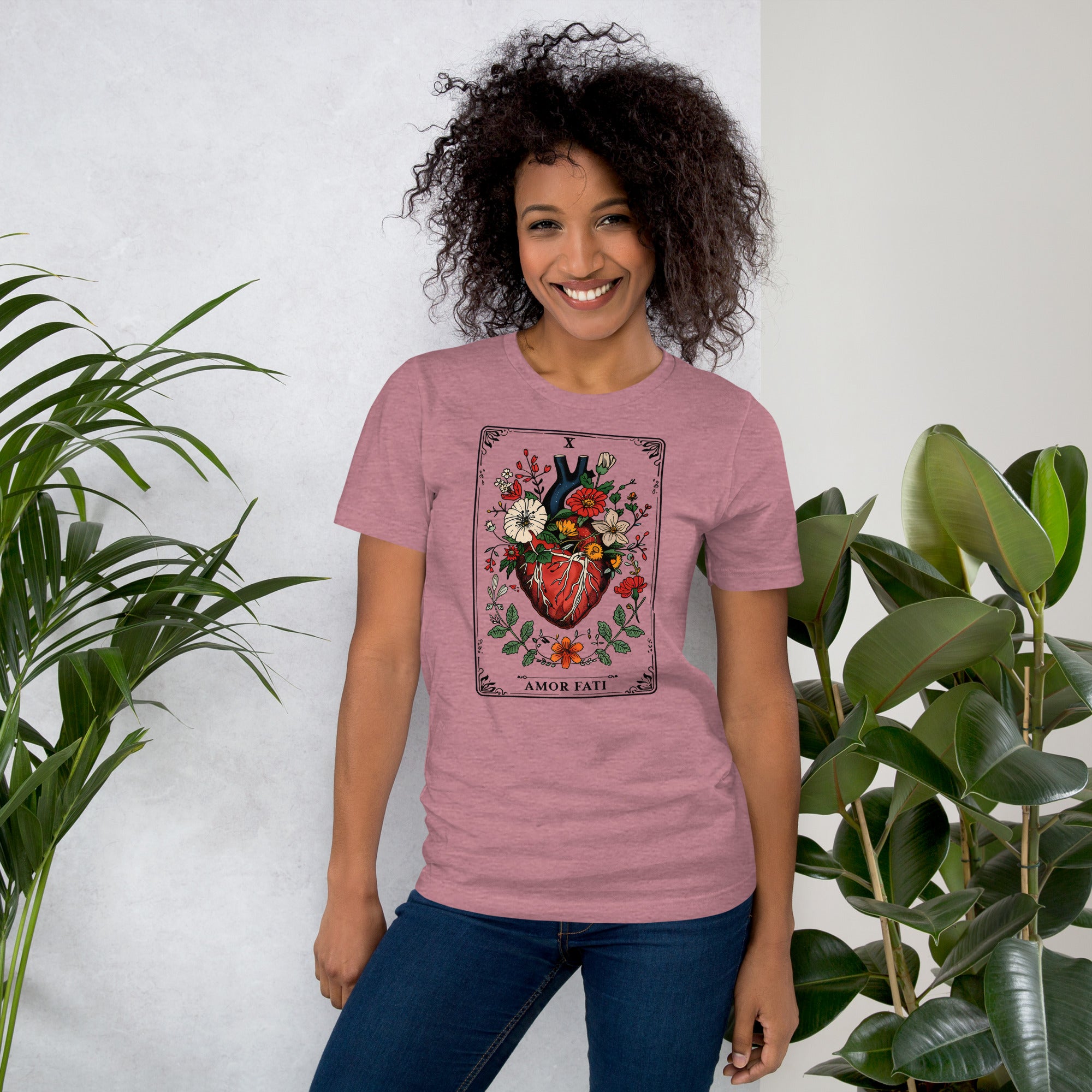 Tarot card illustration numbered X with an anatomical heart in bloom surrounded by wildflowers and vines, Amor Fati, Artificial Perdition apparel